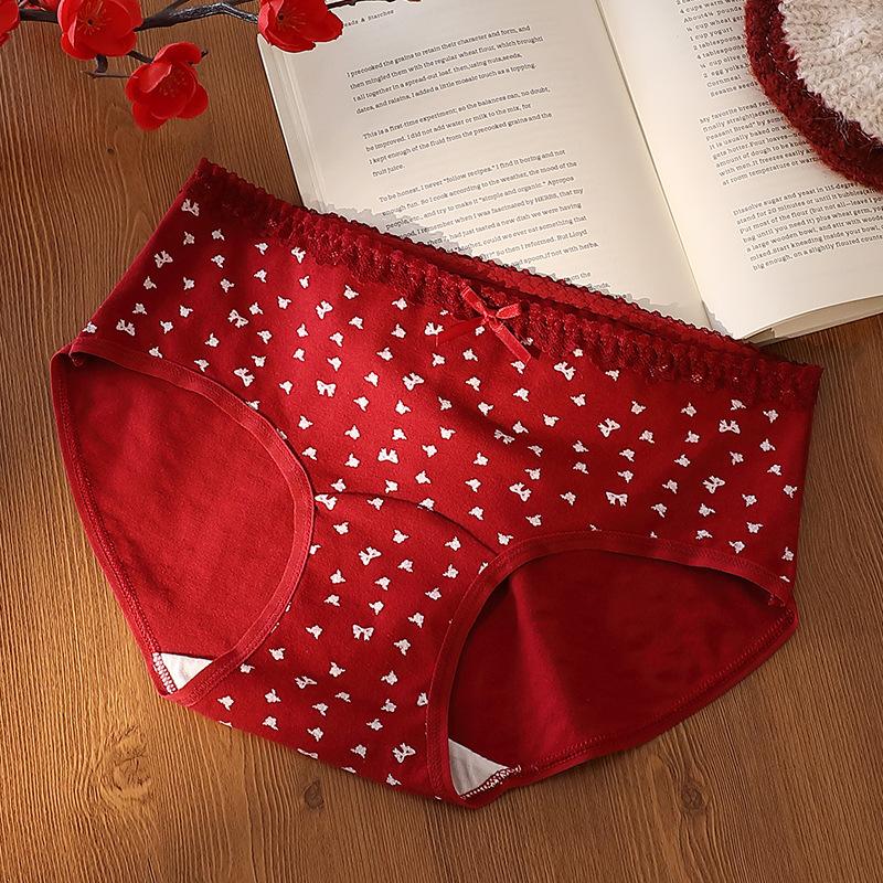 Women's Spring and Summer Print Benming Year Red 10A Bacteriostatic Extended Middle Waist Triangle Briefs