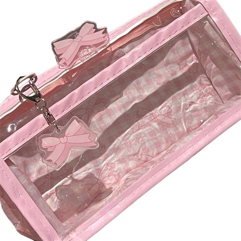 Sweet Bow Zipper Transparent Pencil Case Box Student Stationery Storage Bag Large Capacity Makeup Bag Cartoon Zipper Pen Bag