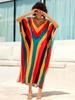 EDOLYNSA 2024 kolorowe paski z nadrukiem Plus rozmiar dekolt w serek rękaw w kształcie skrzydła nietoperza Kaftan kobiety Boho sukienka plażowa przytulny dom szata narzutka na strój kąpielowy