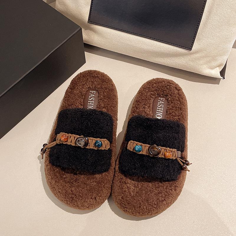 2025 nowe damskie buty buty z wełny jagnięcej kręcone włosy nosić kok klapki jednopasek buty na platformie aksamit bawełna mop