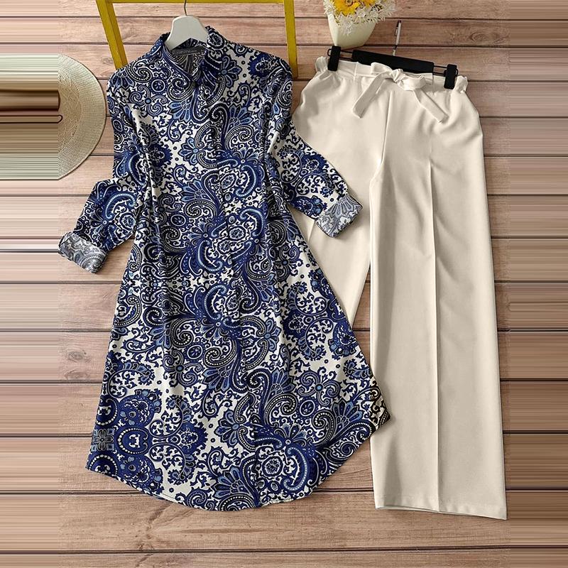 

ZANZEA Женский принт блузка и брюки летний комплект из двух частей костюма 5XL синий