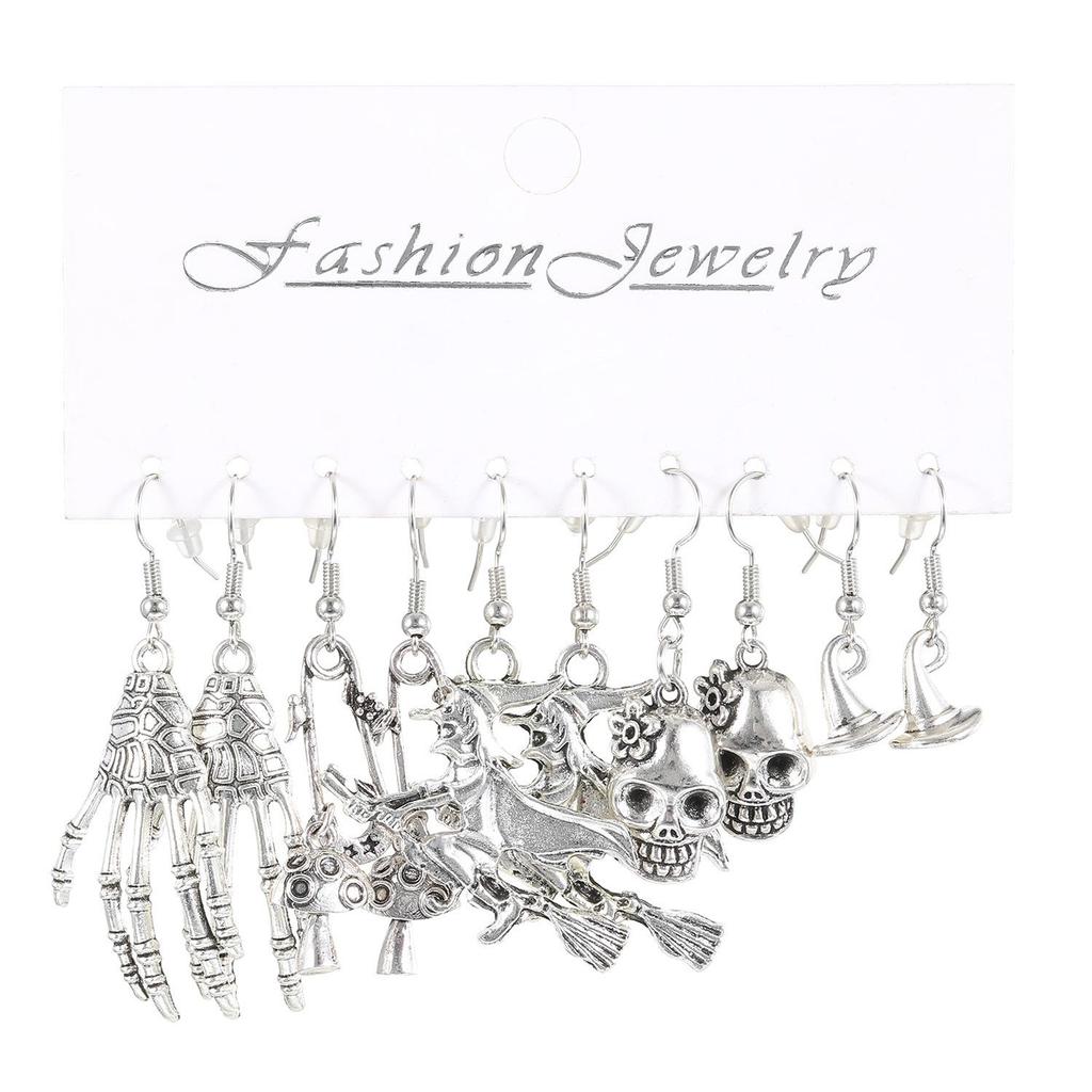 5-Piece Halloween Silver Spider, Skull, Pumpkin Earrings