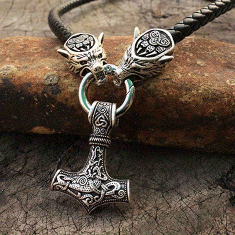 Vintage Men's Thor's Hammer Pendant Necklace Wolf Head Leather Rope Chain Men's Viking Punk Amulet Jewelry