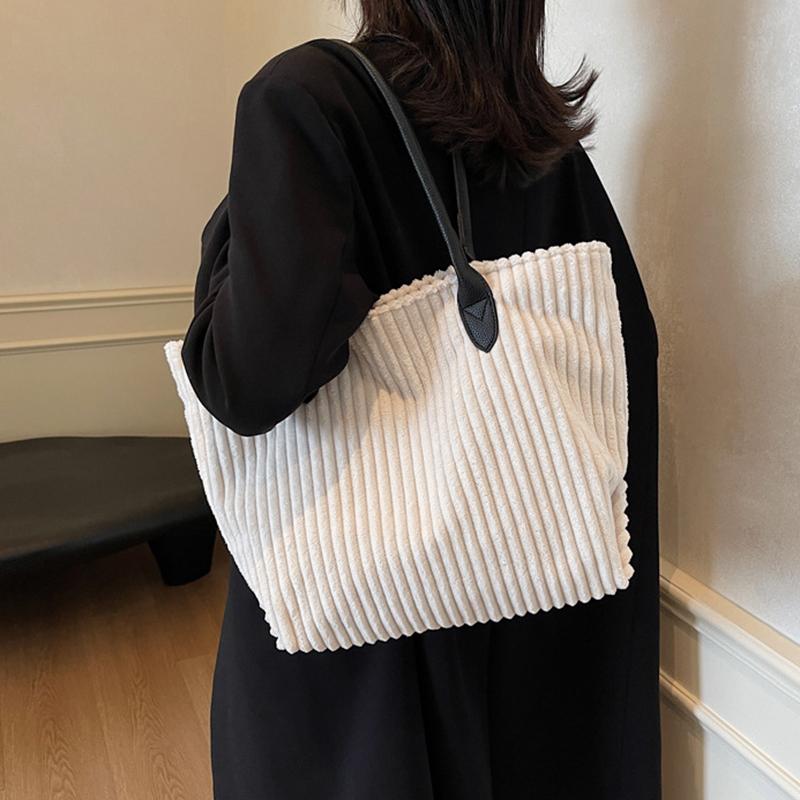 Elegant Solid Color Corduroy Tote Bag for Women Spacious Large Capacity Top Handle Daily Commute or Shopping Shoulder Bag CLE