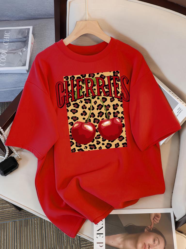 Leopard Cherry Creative Design Womens Tee Shirts Cotton Casual T Shirt Summer O-Neck Streetwear Soft Oversized Short Sleeve