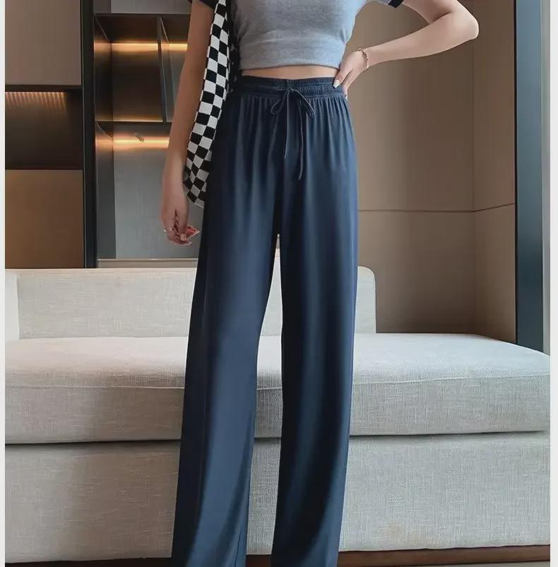 Women's High-Waist Ice Silk Wide-Leg Summer Pants – Lightweight, Loose, Straight, Anti-Mosquito Design.