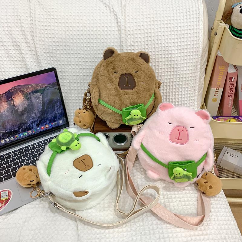 Cute Water Guinea Pig Girl Student Versatile Storage Mobile Phone Bag Plush Kapibara Crossbody Small Round Bag Female Ins