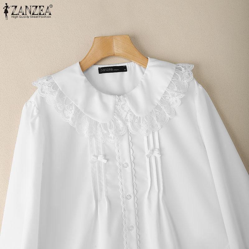 ZANZEA Bluză casual cu mânecă lungă și guler de păpușă cu dantelă pentru femei