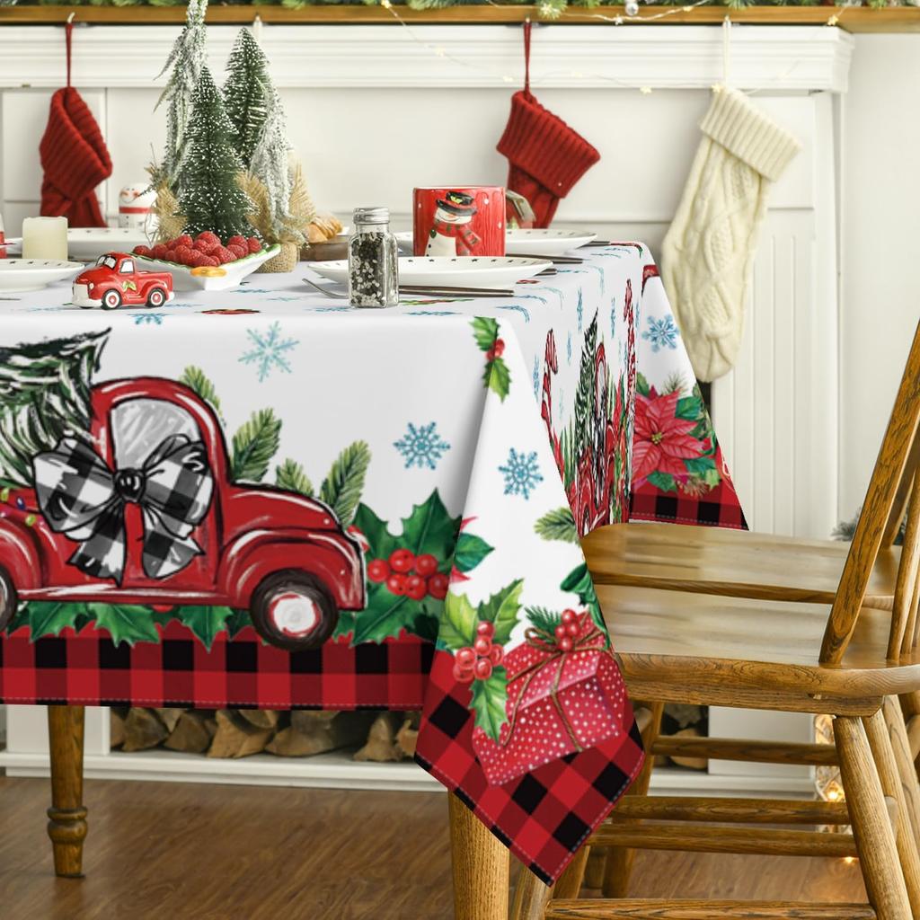 Christmas Gnome Truck Buffalo Plaid Tablecloth Party Decor Washable Xmas Snowflake Waterproof Tablecloth Christmas Decorations