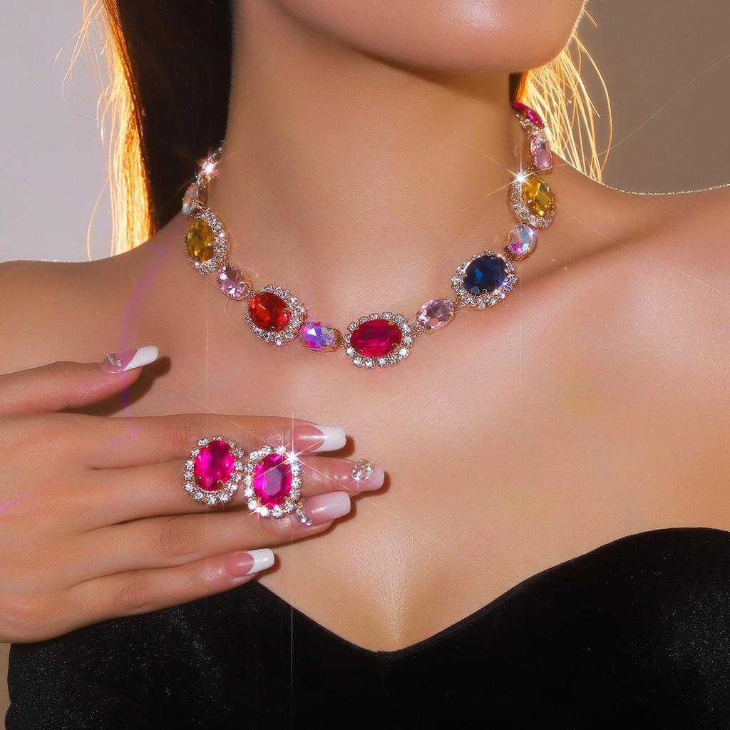 Trendy high-end gekleurd glas strass ketting oorbellen twee sets voor vrouwen