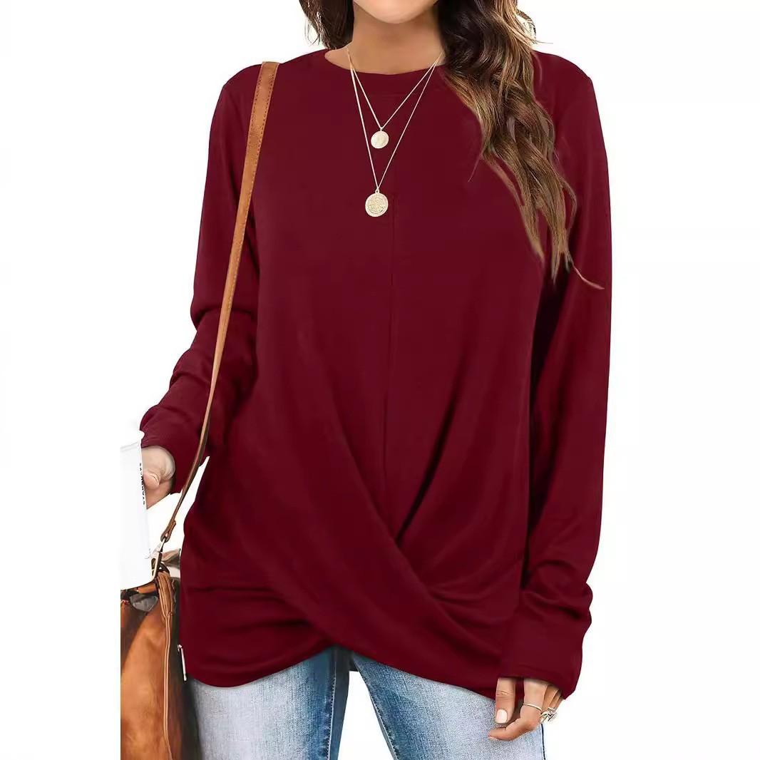 

Women s Long-sleeved Loose-fitting Round Neck Irregular Color Cotton T-shirt L винный