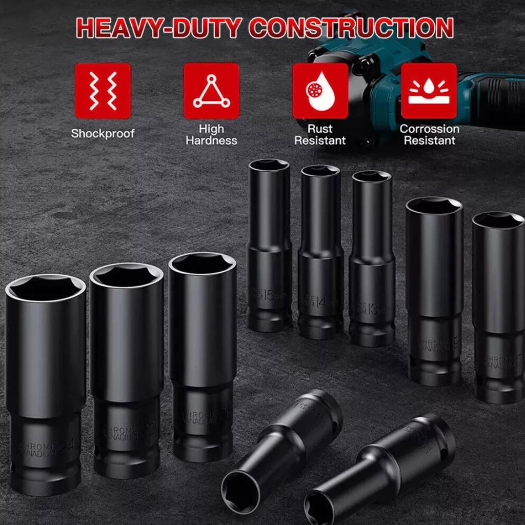 1/2Inch Drive 6-Point Impact Socket Set 10-Piece Metric Sizes 10-24mm Carbon Steel Impact Socket Set with Hard Storage Box