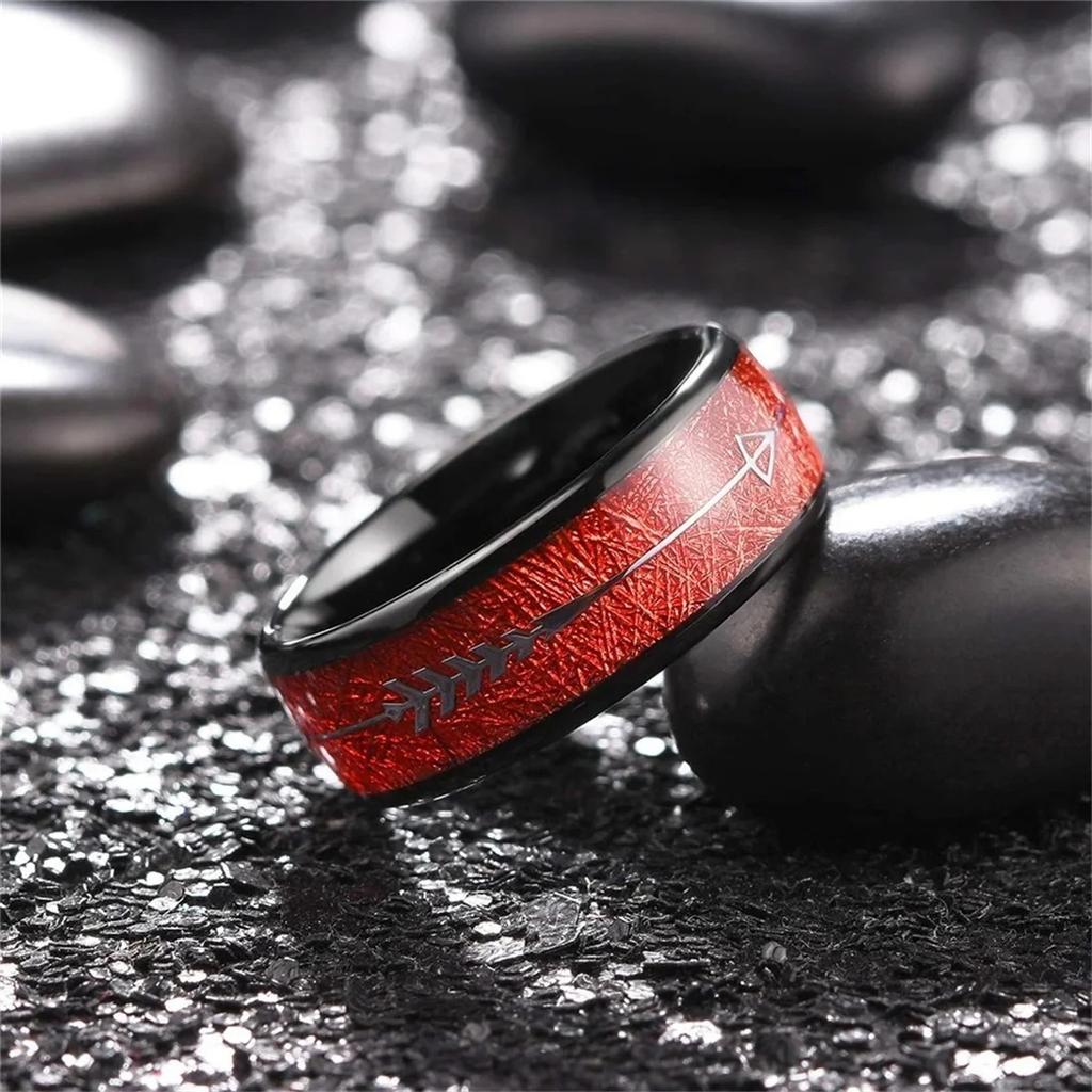 Fashion 8mm Men Black Stainless Steel Arrow Rings for Men Inlaid Red Meteorite Rings Wedding Band Jewelry Drop Shipping