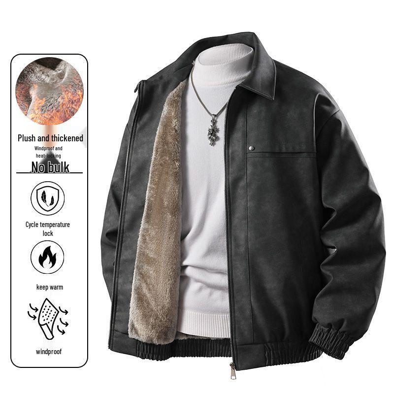 Men's Fleece-Lined Leather Jacket: Warm, Windproof, Versatile Winter Coat with Turn-Down Collar
