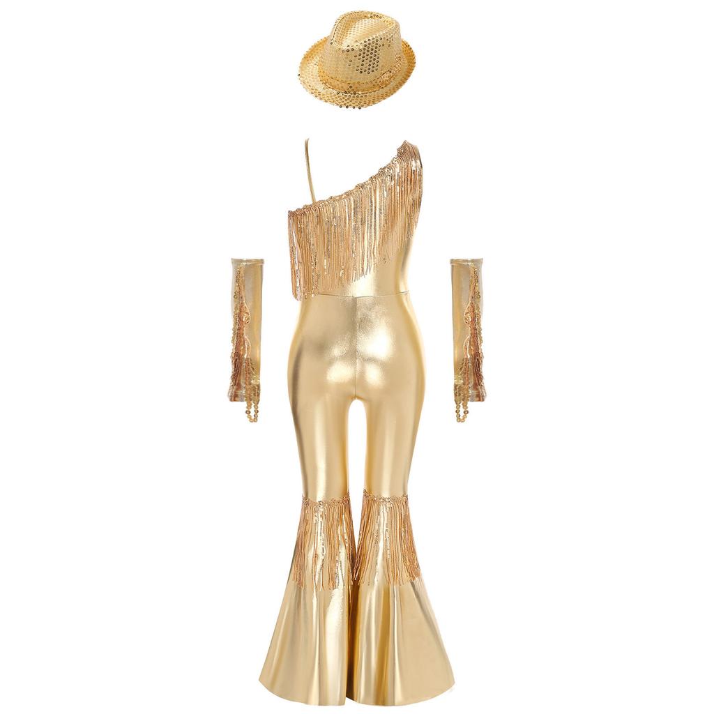 Kids Girls Jazz Disco Dance Jumpsuit Sleeveless One Shoulder Sequins Tassels High Waist Flared with Gloves and Fedora Hat for Banquet Pageant Party
