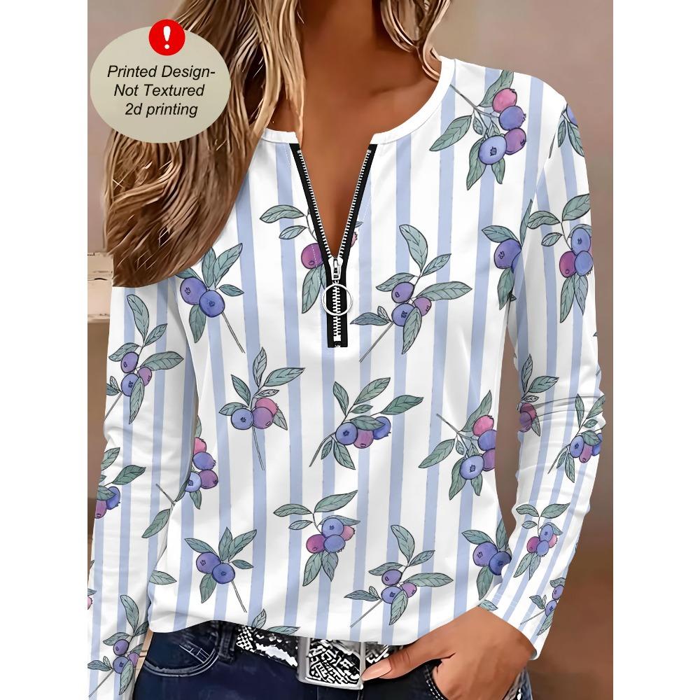 Spring and Autumn Ladies Half Zipper Long Sleeve T-Shirt Blue Purple Berry Stripe Printing, Daily Casual