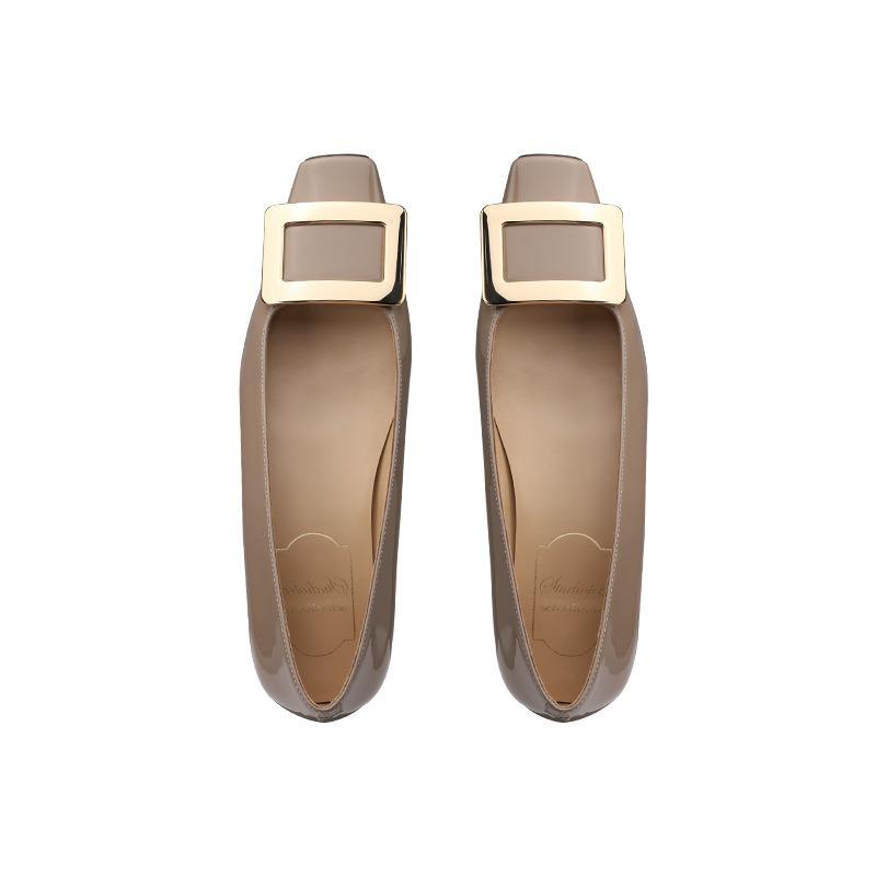 Upgraded cowhide version~ Square buckle single shoes femininity square head thick heel patent leather commuting flats women