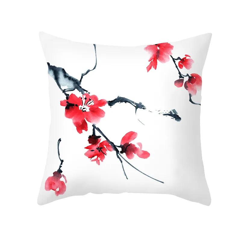 Plant Printed Pillow Pattern White Cushion Cover for Home Living Room Sofa Decoration Polyester
