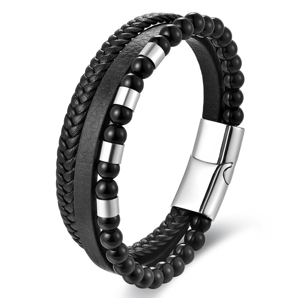 Black Leather Rope Cowhide Men's Double Layer Genuine Leather Woven Bracelet Handmade Multilayer Leather Bracelet 2026