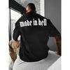 Men's Oversized Black T-Shirt with Gothic "Made In Hell" Back Print, Short Sleeve Crew Neck, Soft Cotton Blend for Streetwear & Casual Wear