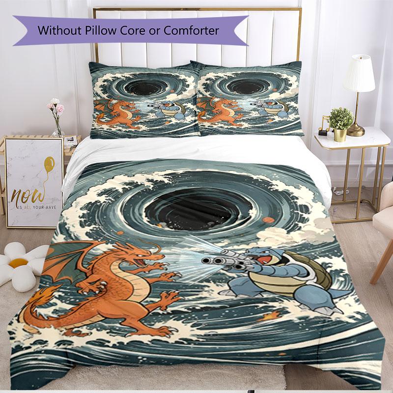 3pcs Duvet Cover Set (1*Duvet Cover + 2*Pillowcase, Without Core), Charizard VS Blastoise Print Soft All‑Season Bedding Set, Home Bedroom Decor Gift