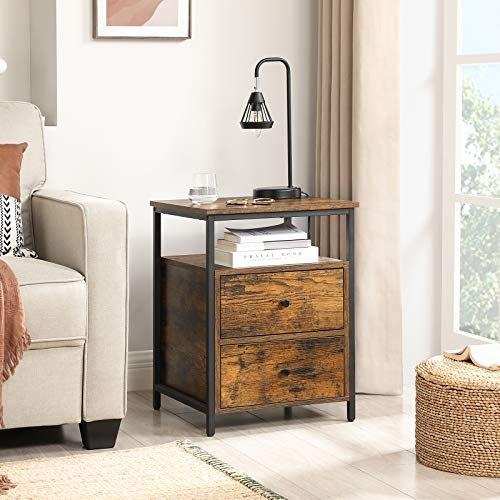 Mesita de noche, mesita de noche, mesa auxiliar, 45 x 45 x 60 cm, estante abierto, 2 cajones, para sala de estar, dormitorio, industrial, rústico