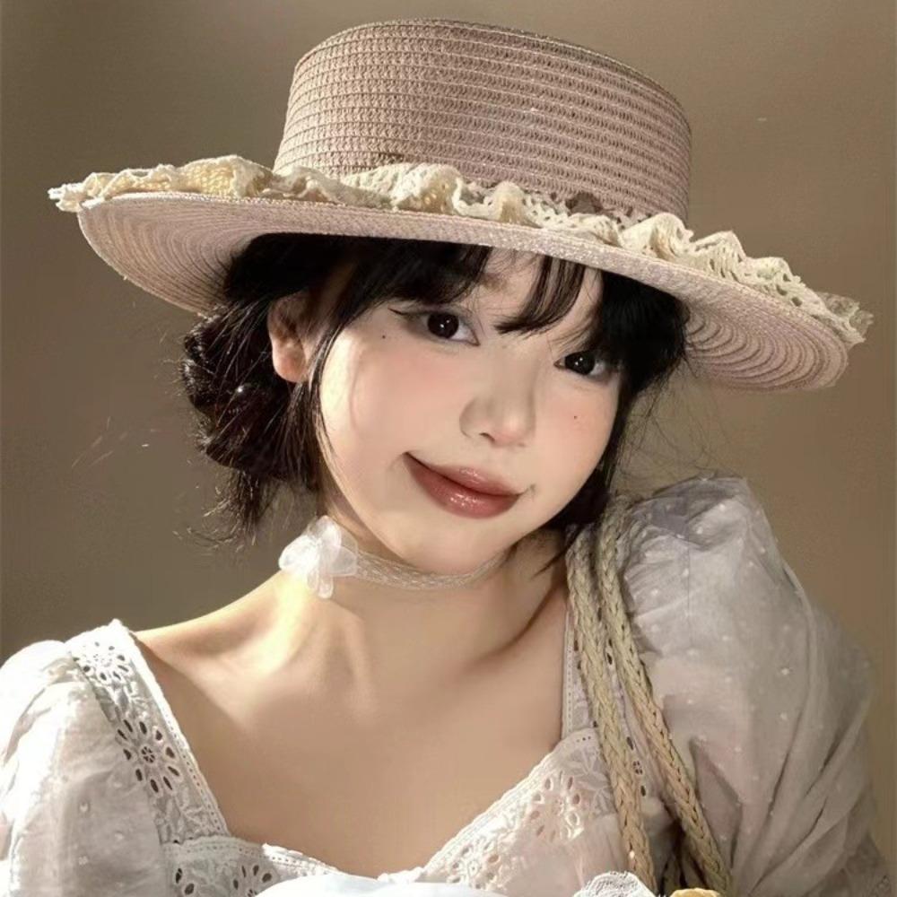 Breite Krempe Stroh Gewebter Zylinder Japanischer Stil Damen Sonnenhut Einfache Spitze Floraler Krempenhut Damen