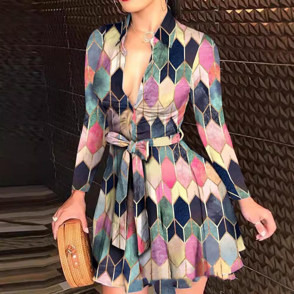 GMXIA Beach Holiday Dress Autumn and Winter Long Sleeve V-neck Lace-up Women's Short Fashion Sexy Dress