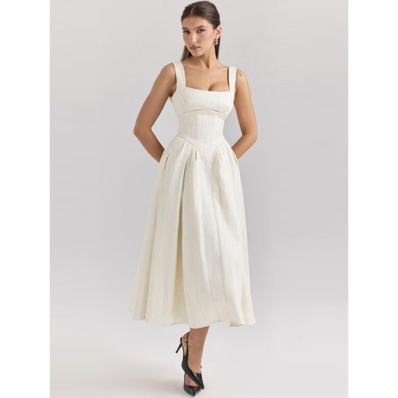 Fumei Mingling House Same Style French style High-Grade Glossy Texture Waist Hugging Slimming Mid-Length Sling Dress