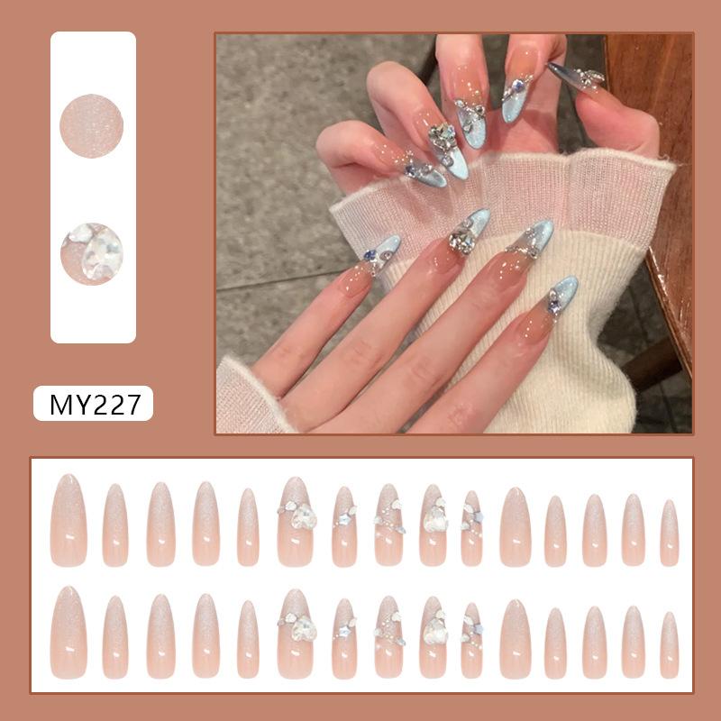 MY227 White Peach Heart Cat Eye Glue On Nails Long Stiletto Sparkly Sweet Ins Pure Desire For Ladies Non Special Cosmetics