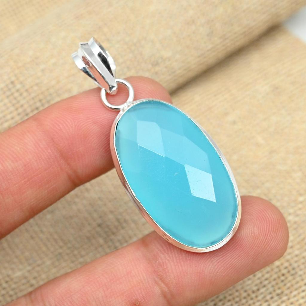 Unique Blue Chalcedony Gemstone Pendant 925 Sterling Silver Jewelry For Women