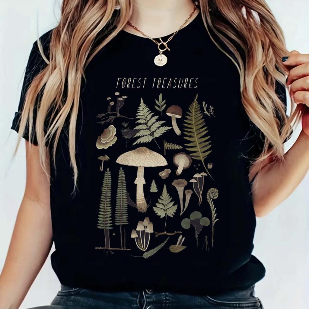 Mystical Nature Graphic T Shirt Unisex Bohemian Floral Crystal Mushroom Dragonfly Print Casual Short Sleeve Tees For Daily Wear