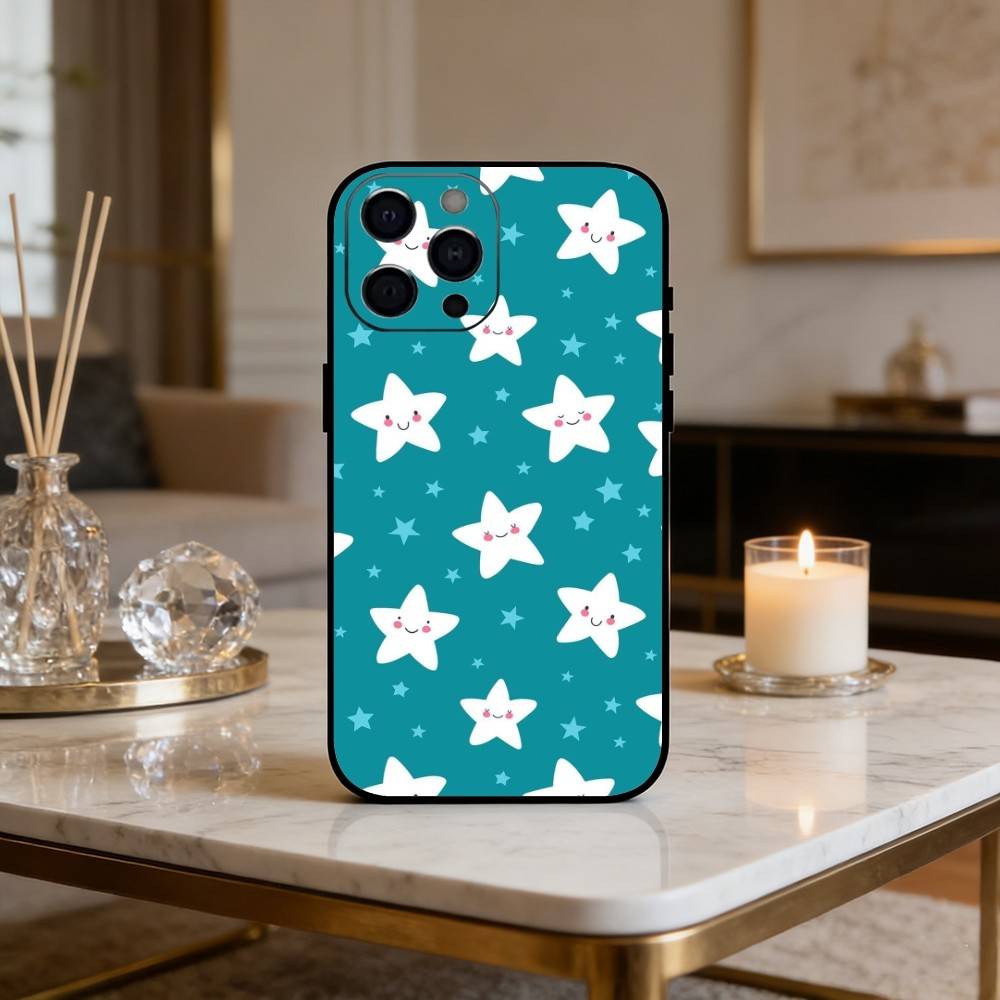 C-Cute cartoon star pattern Phone Case For iPhone 16,15,14,13,12,17,Pro Max,Plus Silicone Black Case