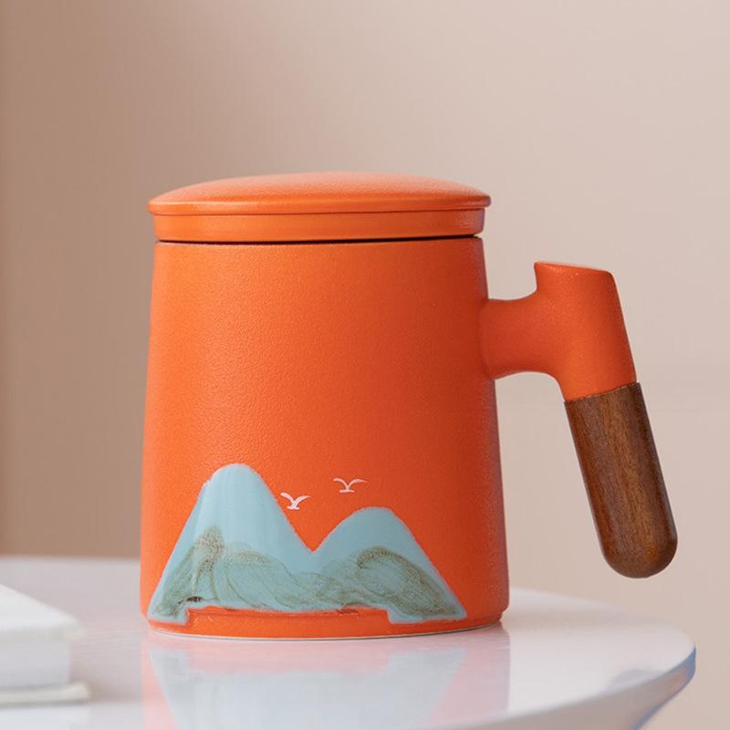 Guochao Holzgriff Yuanshan Keramiktasse mit Deckel Qianli Weißporzellan Jiangshan Büro Tee- und Wasserseparation Geschäftsgeschenk