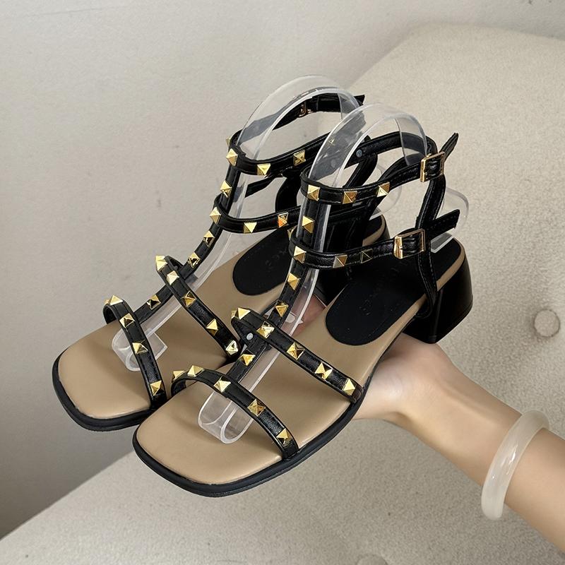Fashion Summer New Coarse Heel Shoes Women's Fashion Square Head Open-toe Hollow-holed Rivet Anti-slip Wear-resistant High Heels
