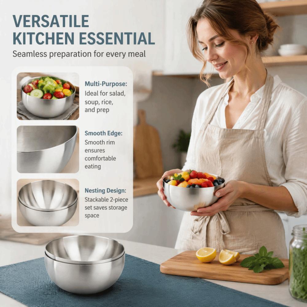 2pcs Stainless Steel Mixing Bowl Round Shape Kitchen Serving Bowl For Restaurant