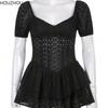 Hollow Black Dress Women V Neck Ruffles Pleated Dress Puff Sleeve Chic Black Summer Party Dress French Vintage Corset Ladies