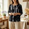Women's Casual Floral Print Round Neck Three Quarter Sleeve Linen Cotton Blouse Lightweight Loose Fit Top for Everyday Wear