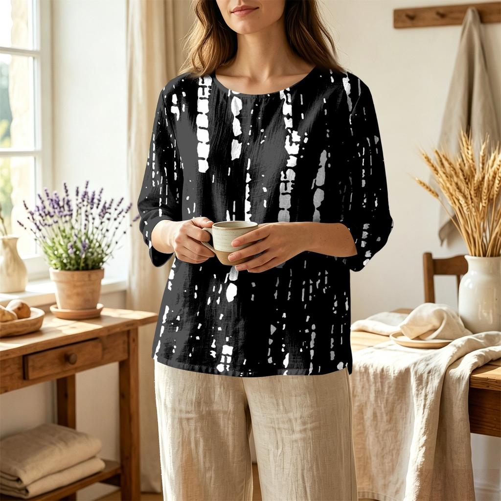 Women's Casual Floral Print Round Neck Three Quarter Sleeve Linen Cotton Blouse Lightweight Loose Fit Top for Everyday Wear