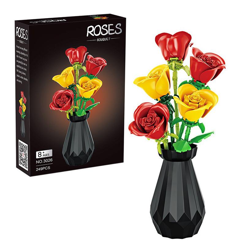 

3032 Black And White Rose Vase Building Block Flower Girl Diy Bouquets Educational Toy Ornaments Model Gifts Room Decorations 4XL