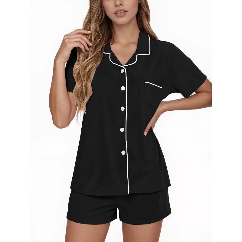 Women's Short-Sleeve Pajama Set with Collar and Loose-Fitting Casual Shorts—Outerwear-Style Loungewear Set