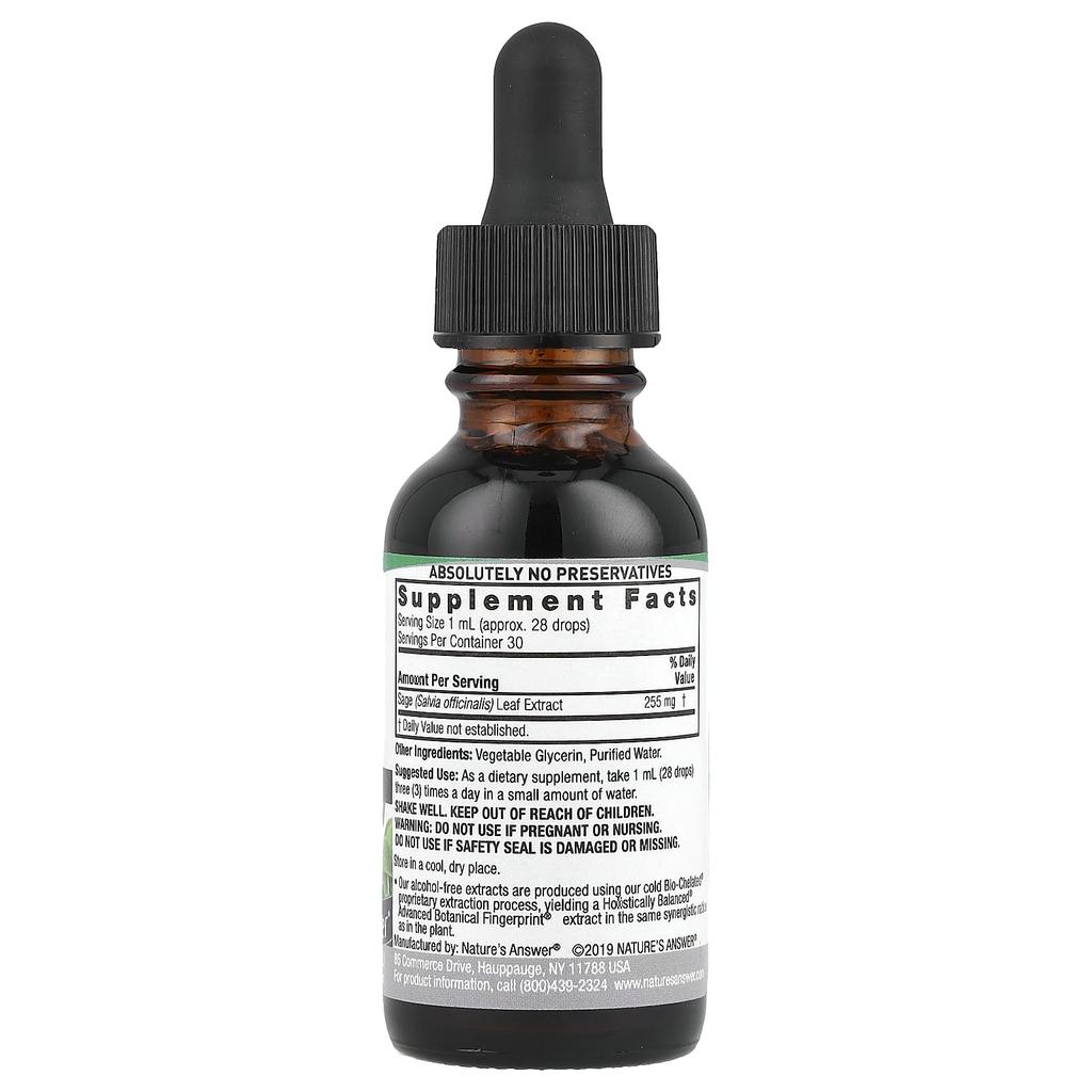 Nature'S Answer, Sage Leaf Extract, Alcohol Free, 255Mg, 30Ml(1Fl Oz)