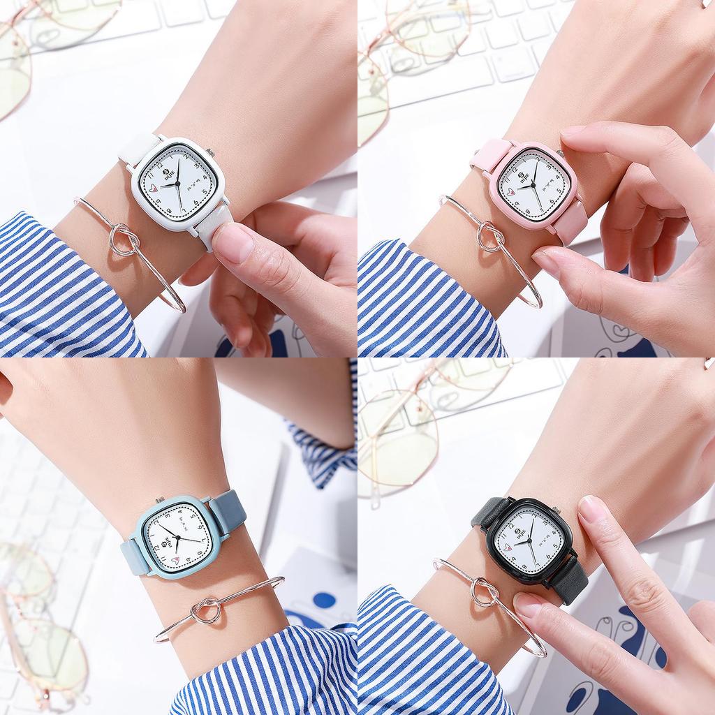 Student Fashion Square Heart Quartz Watch For High School Exams With Leather Strap