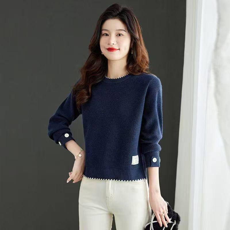 Sweater Women's Round-neck Casual Pullover Sweater Thickened Color-blocked Knitted Sweater Loose and Warm Inner Layer Top