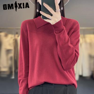 Herbst- und Winter-Strickpullover, Damen-Pullover mit POLO-Kragen, einfarbig, langärmelig, lockerer einfarbiger Strick-Basisschicht