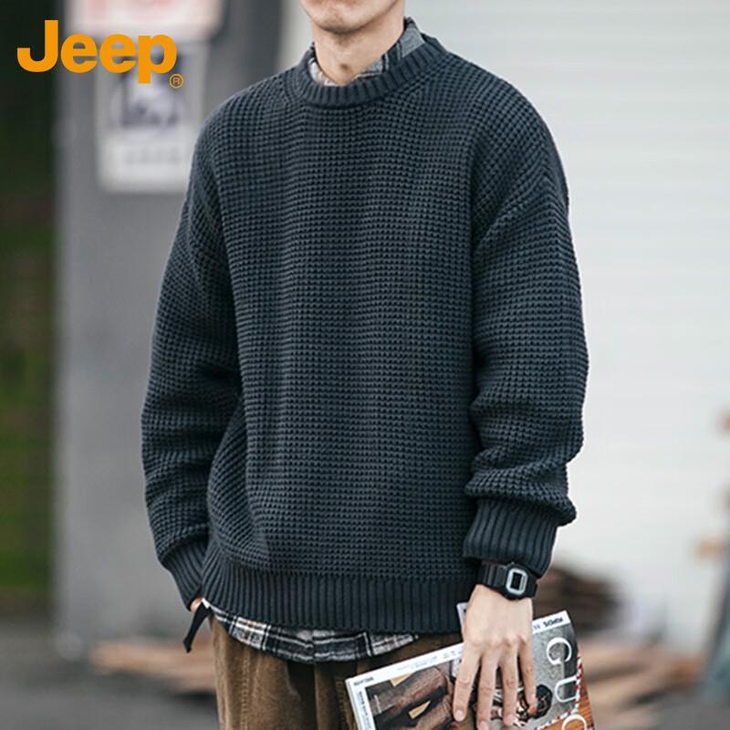Jeep Men's Loose Fit Thickened Round Neck Knit Sweater