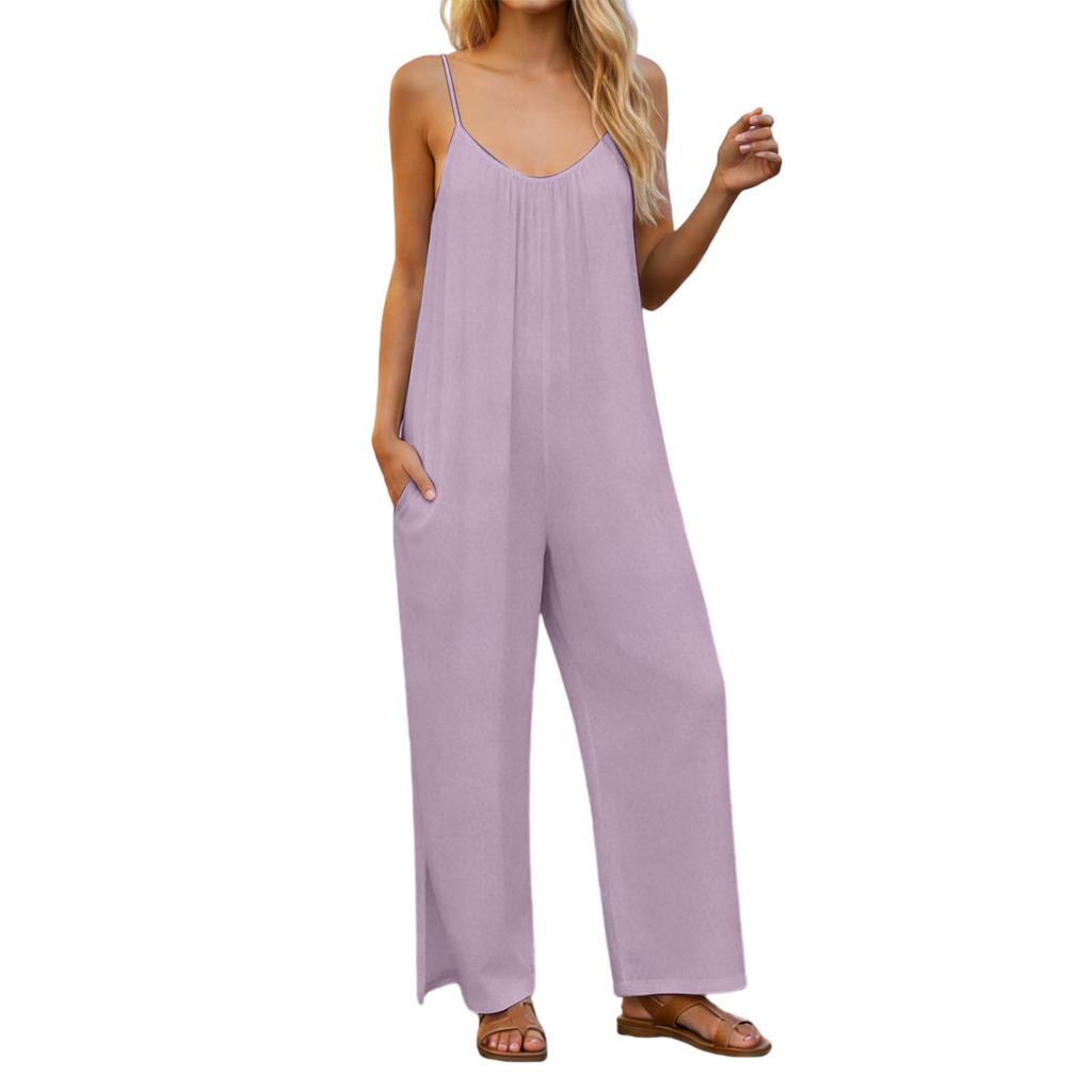 Women's  V-neck Waist Cinched Fashionable Jumpsuit Wide Leg Pants