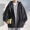 Men Fall Winter Hoodie Letter Print Drawstring Loose Hooded Zip-up Cardigan Outerwear with Pockets Mid Length Sport Jacket