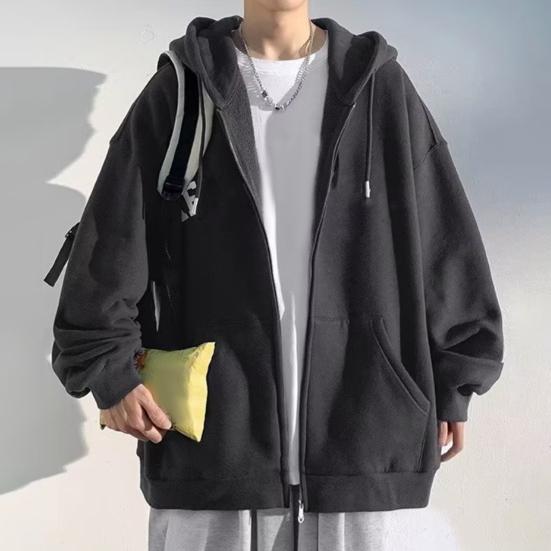 Men Fall Winter Hoodie Letter Print Drawstring Loose Hooded Zip-up Cardigan Outerwear with Pockets Mid Length Sport Jacket