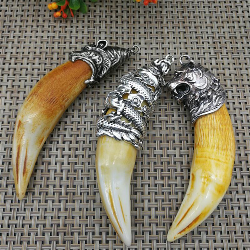 Chinese Antique Boars Tooth Wild Hog Silver Dragon Protective Talisman Pendant